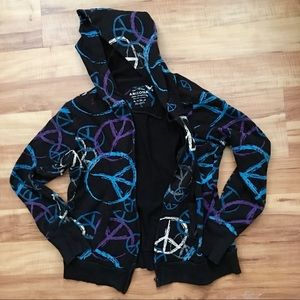 Black Peace Print Graphic Zip Up Hoodie Sweater